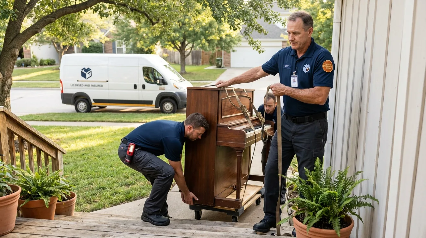 Licensed piano movers securing grand piano in Morenci, MI