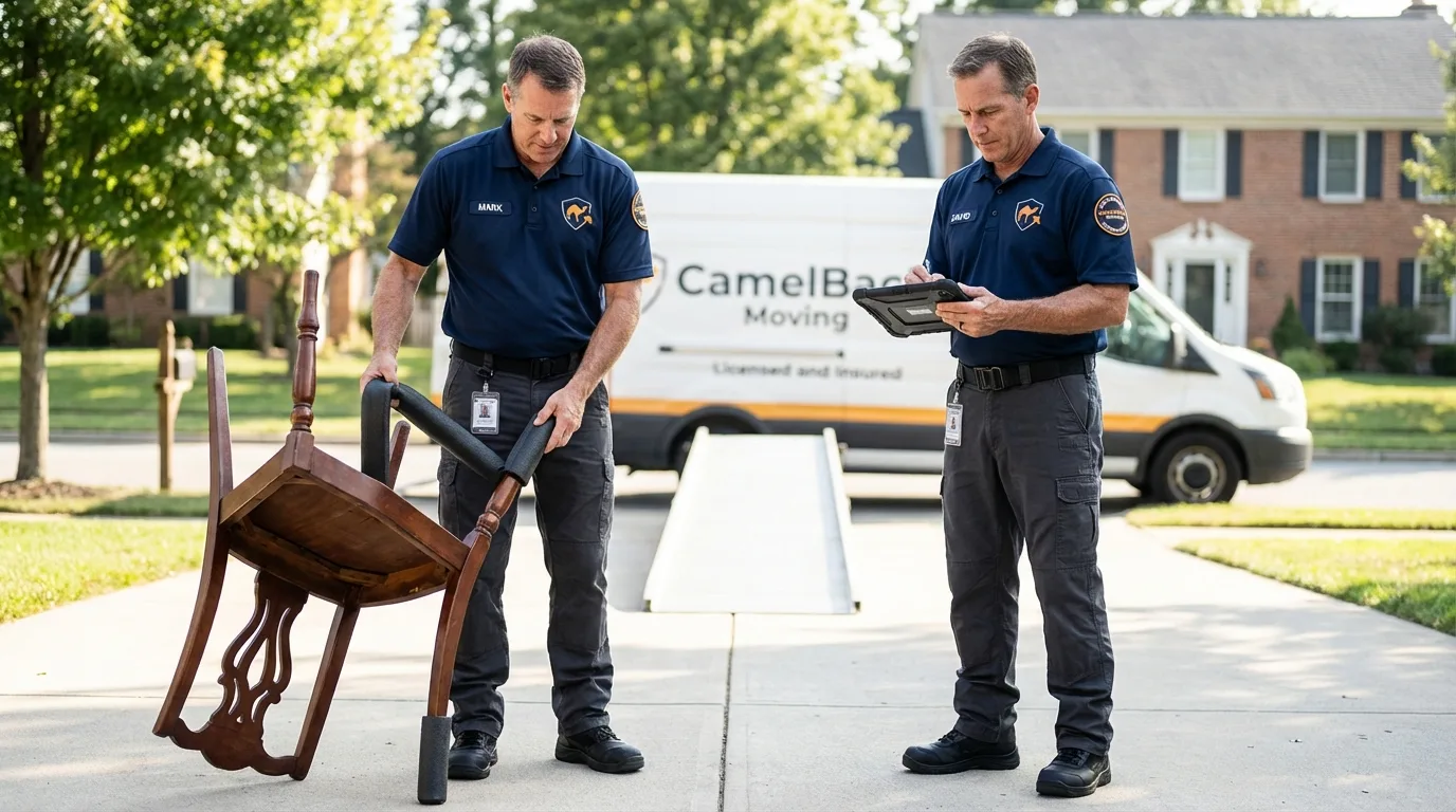 Movers inspecting furniture for damage prevention before loading in Morenci, MI