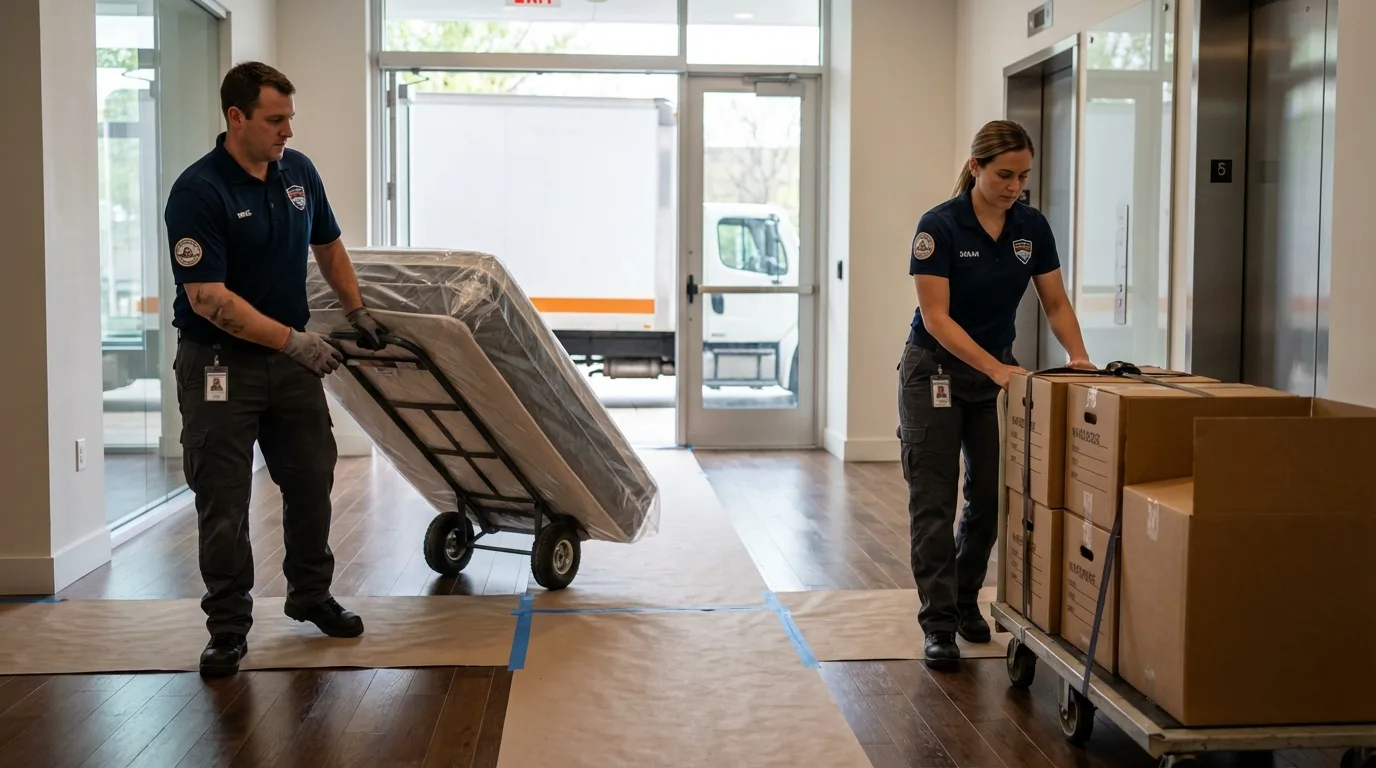 Professional apartment movers loading elevator in Morenci, MI