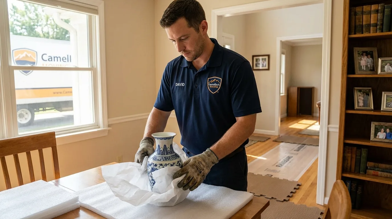 Professional crew carefully wrapping antique vase for senior downsizing move in Morenci, MI